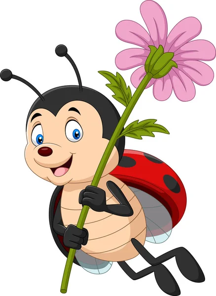 Vector Illustratie Van Cartoon Schattig Lieveheersbeestje Holding Bloem — Stockvector