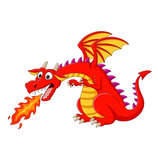 Ilustração Vetorial Dragão Vermelho Dos Desenhos Animados Cuspir Fogo — Vetor de Stock