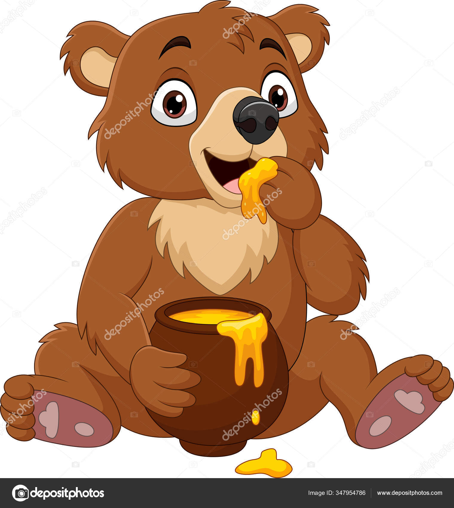 Vector Illustration Cartoon Baby Bear Sitting Eating Honey Pot Stock