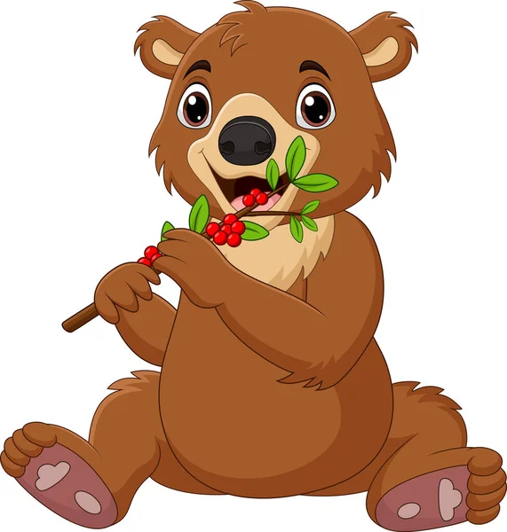 Vector Illustration Cartoon Baby Brown Bear Red Cranberry — Stock Vector