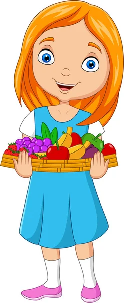 Illustrazione Vettoriale Della Bambina Che Tiene Cesto Frutta — Vettoriale Stock