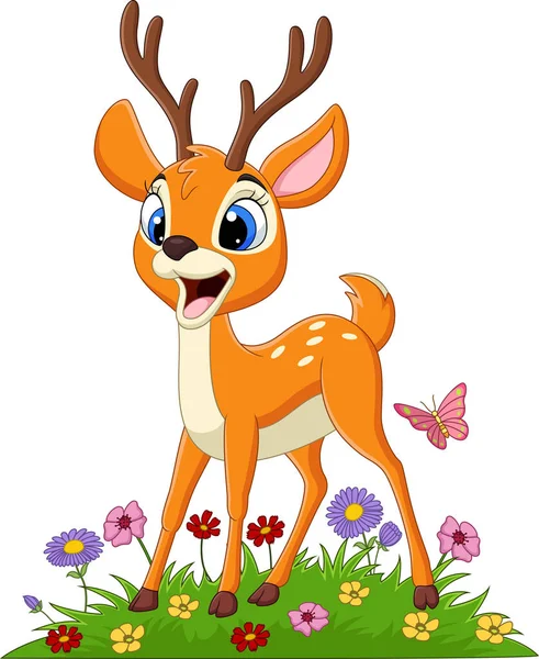 Illustration Vectorielle Cerf Cartoon Dans Herbe — Image vectorielle