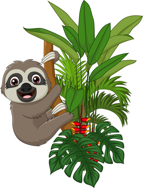Vector illustration of Cute baby sloth climbing on tree branch