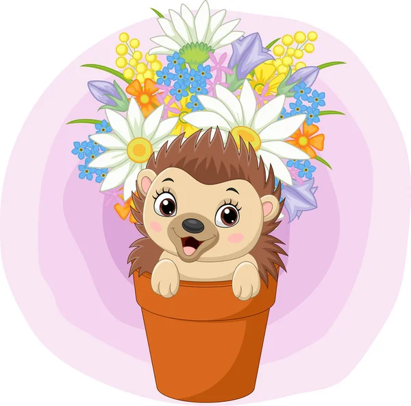 Векторная Иллюстрация Милого Детеныша Ёжика Сидящего Горшке Растением — стоковый вектор
