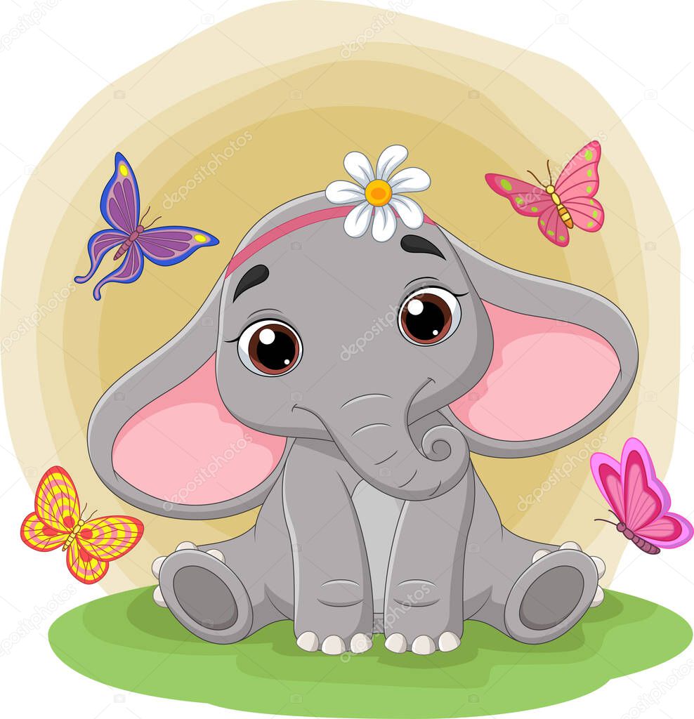 vector illustration of Cute baby elephant sitting in the grass among the butterflies