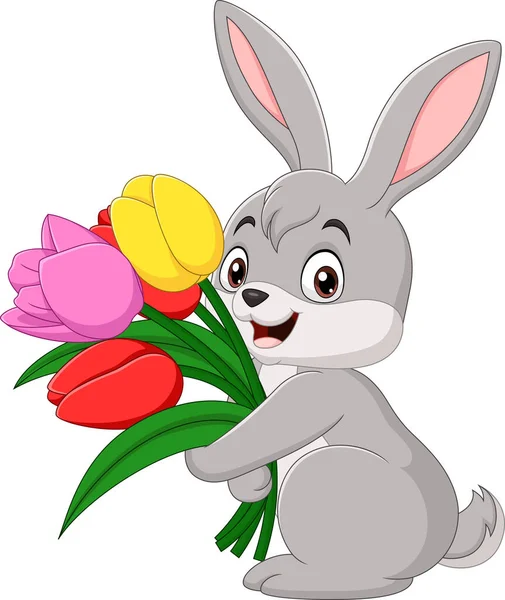 Vector Illustration Cute Baby Rabbit Holding Flowers — Stock Vector