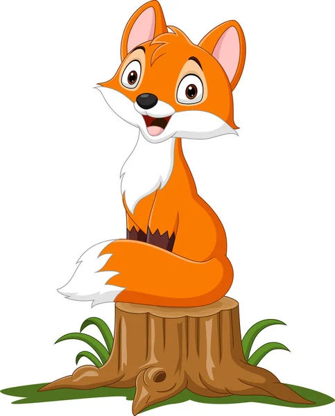 Illustration Vectorielle Dessin Animé Renard Heureux Assis Sur Tronc Arbre — Image vectorielle