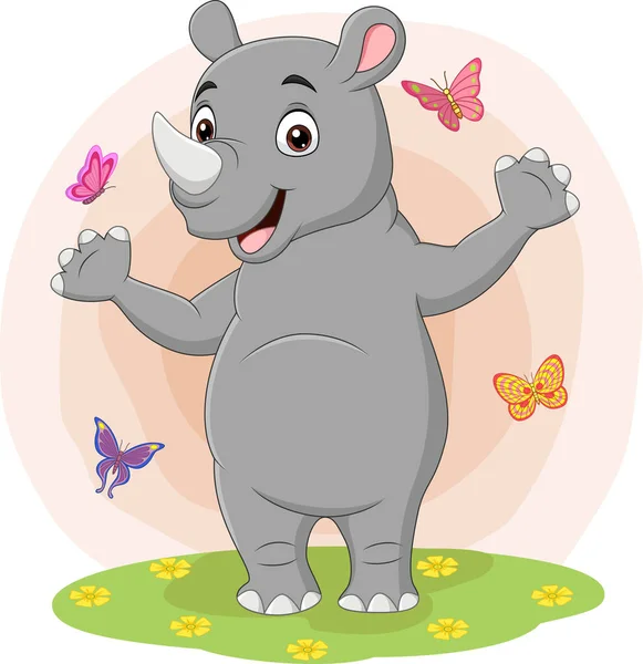 Ilustración Vectorial Dibujos Animados Rinoceronte Feliz Con Mariposas Hierba — Vector de stock