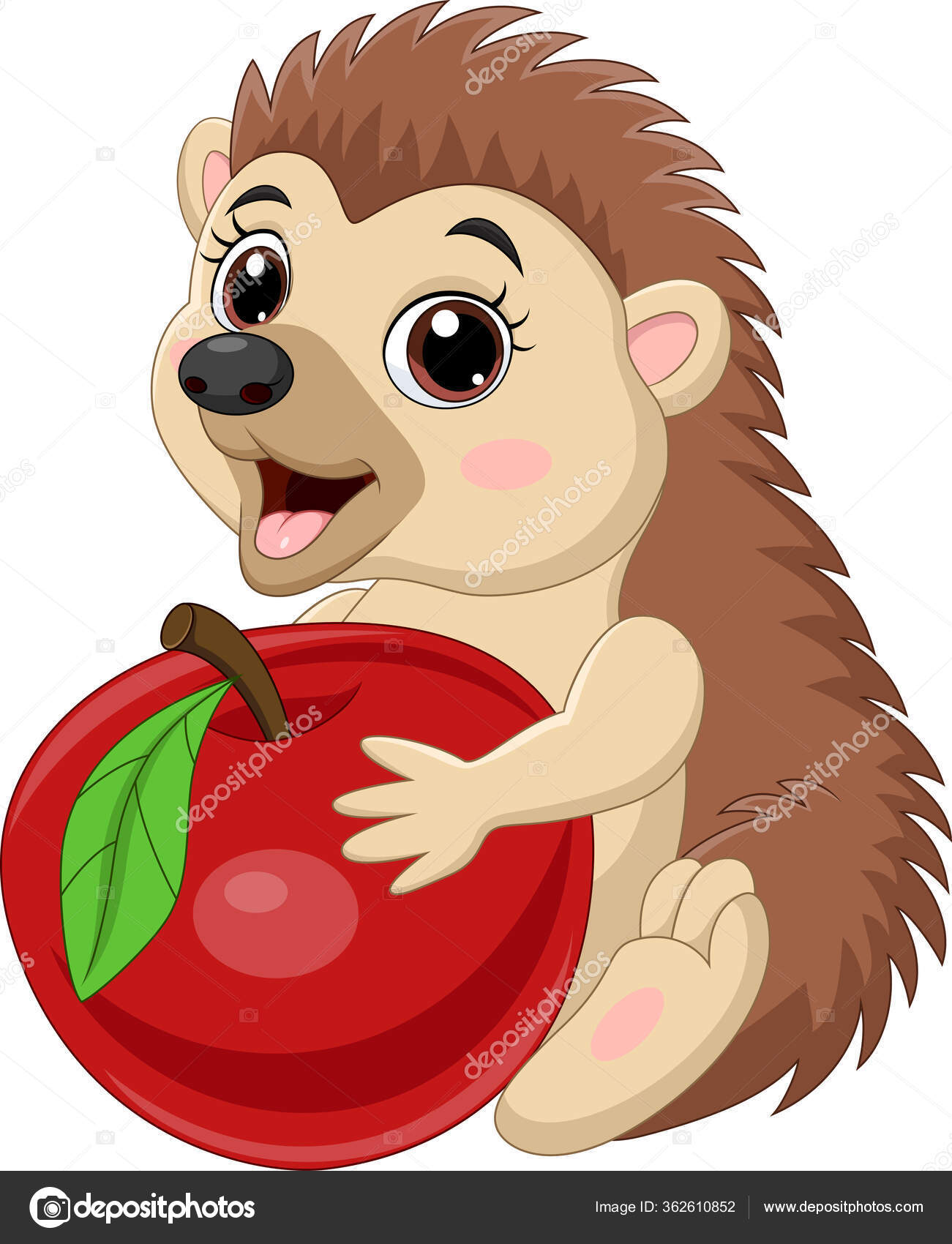 赤いリンゴを持つ漫画の赤ちゃんハリネズミのベクトルイラスト　©tigatelu　—　ストックベクター　362610852