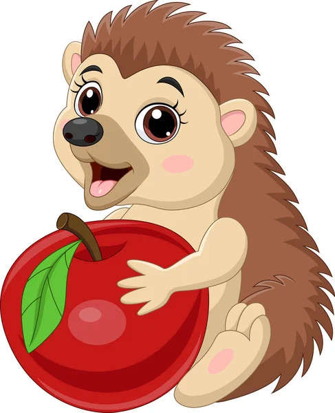 Vector Illustration Cartoon Baby Hedgehog Holding Red Apple — Stock Vector