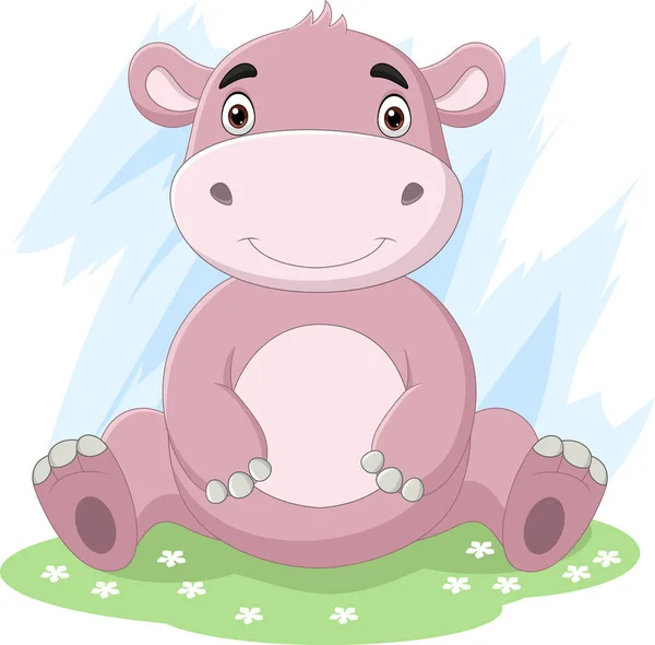 Vector Illustratie Van Cartoon Schattig Baby Nijlpaard Zittend Het Gras — Stockvector