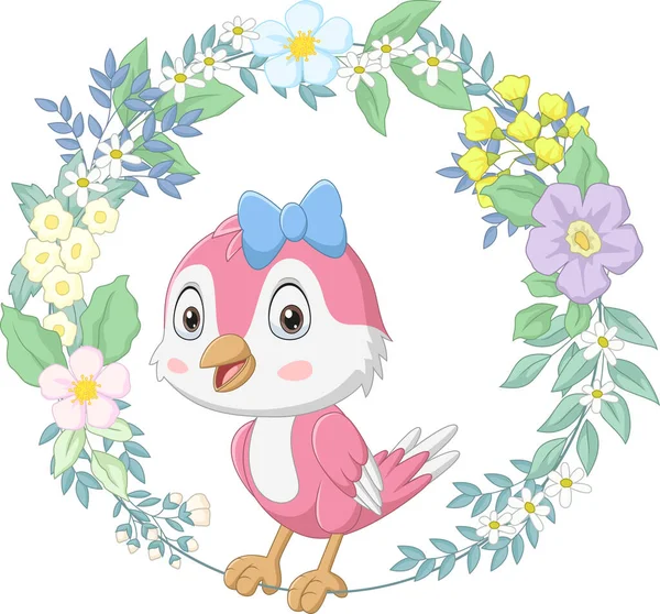 Векторная Иллюстрация Милой Счастливой Птицы Розового Цвета Цветочным Венком — стоковый вектор