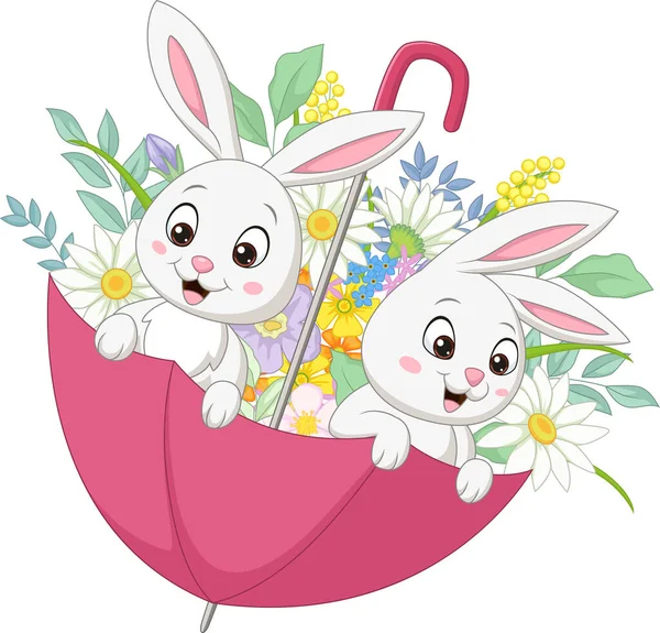 Vektor Illustration Söta Två Kaniner Våren Paraply Med Blommor — Stock vektor