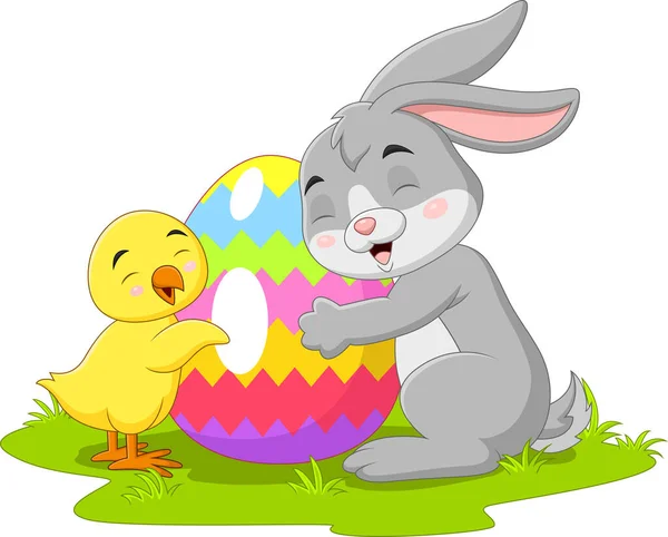 带有小鸡蛋和复活节蛋的卡通小兔子的病媒图解 — 图库矢量图片