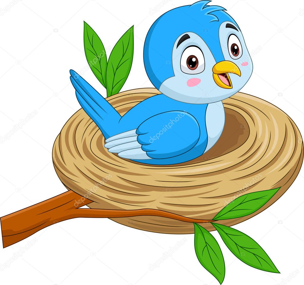 Vector illustration of Cartoon blue bird sitting in a nest