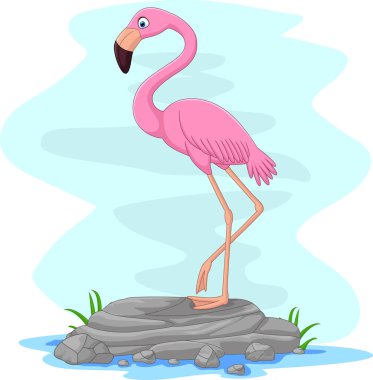 Çizgi film flamingosunun vektör çizimi kayanın üzerinde duruyor.
