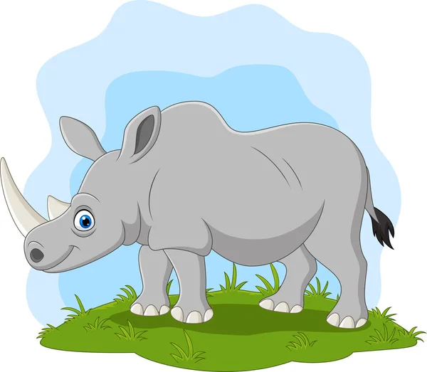 Illustration Vectorielle Dessin Animé Heureux Rhinocéros Sur Herbe — Image vectorielle