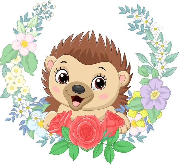 Vector Illustration Cartoon Baby Hedgehog Flowers Background — Stock Vector