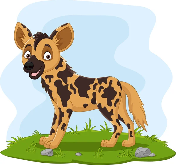 Illustration Vectorielle Cartoon Chien Sauvage Africain Dans Herbe — Image vectorielle