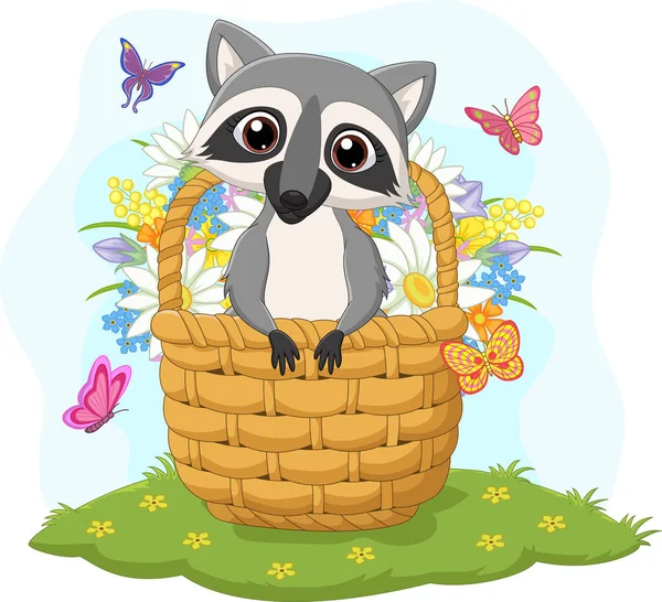 Vector Illustration Cartoon Funny Raccoon Basket — Stock Vector