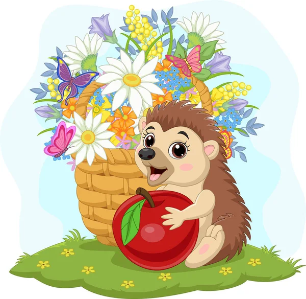 Vector Illustratie Van Cartoon Baby Egel Met Appel Bloemen Mand — Stockvector