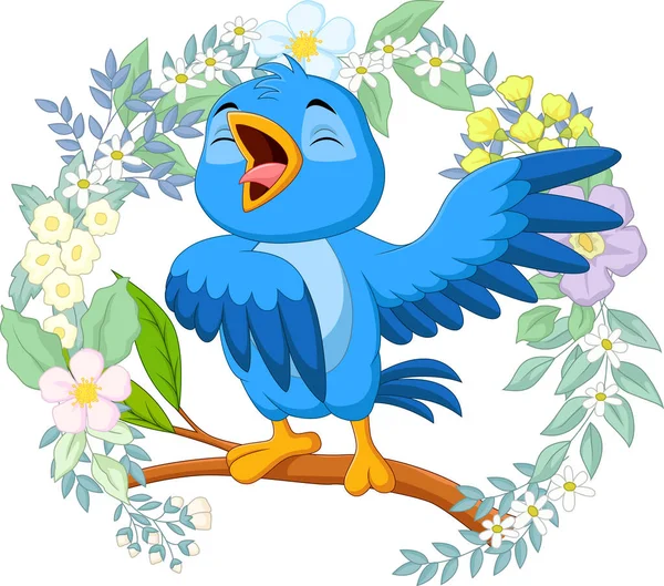 Çizgi Filmdeki Ağaç Dalında Şarkı Söyleyen Mavi Kuşun Vektör Çizimi — Stok Vektör