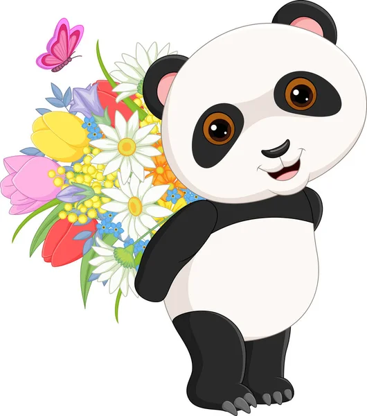 Ilustración Vectorial Lindo Panda Llevando Flores — Vector de stock