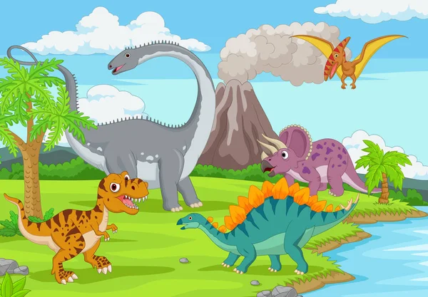 Ilustração Vetorial Grupo Dinossauros Engraçados Selva — Vetor de Stock