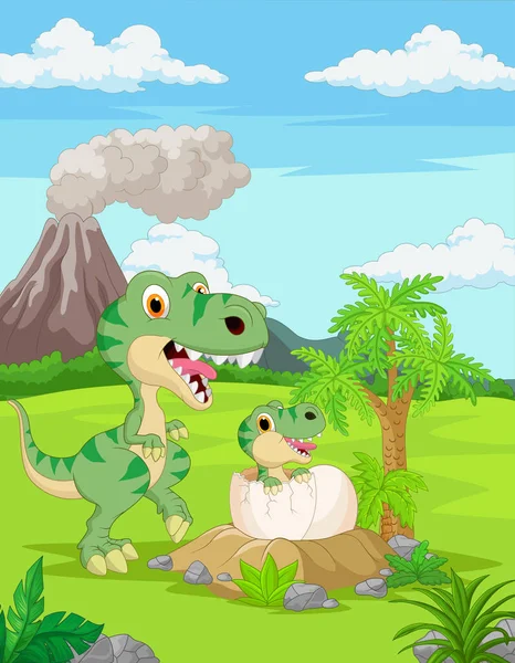 Vektor Ilustrasi Dari Cartoon Mother Tyrannosaurus Dengan Bayi Menetas - Stok Vektor