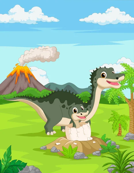 Vector Illustratie Van Cartoon Moeder Dinosaurus Met Baby Uitbroeden — Stockvector