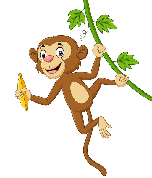 Vector Illustratie Van Cartoon Aap Opknoping Houdt Banaan Boom Tak — Stockvector