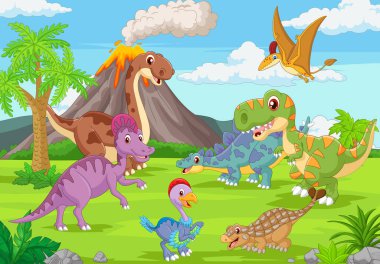 Ormandaki komik dinozor grubunun vektör çizimi
