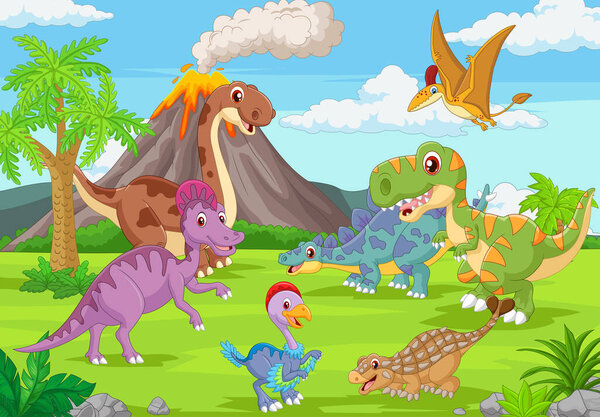 Vector illustration of Group of funny dinosaurs in the jungle