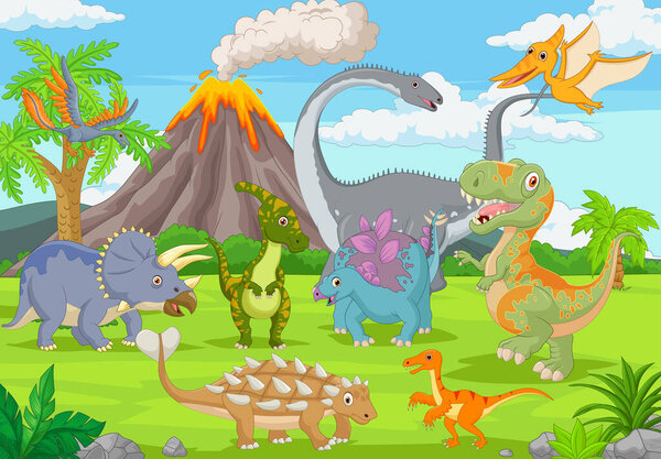 Vector illustration of Group of funny dinosaurs in the jungle