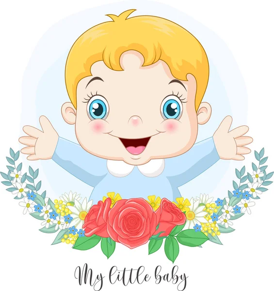 Ilustración Vectorial Dibujos Animados Lindo Bebé Con Flores Fondo — Vector de stock