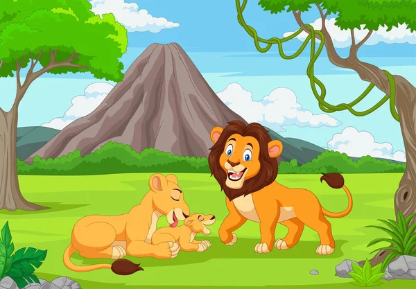 Illustration Vectorielle Famille Des Lions Bande Dessinée Dans Jungle — Image vectorielle