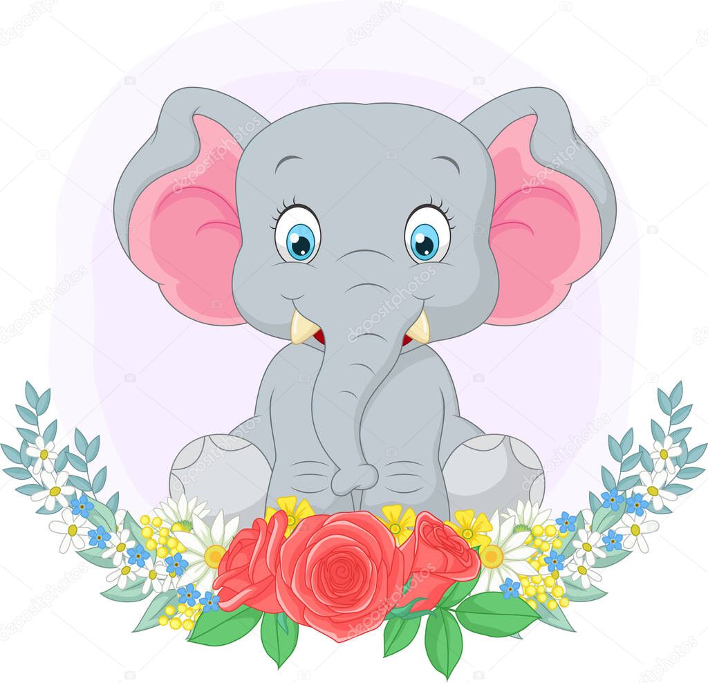 Vector illustration of Cartoon cute elephant sitting with flowers background