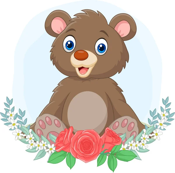 Vector Illustration Cartoon Baby Bear Sitting Flowers Background — Stock Vector