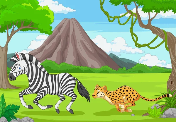 Ilustração Vetorial Chita Está Perseguindo Uma Zebra Uma Savana Africana —  Vetores de Stock