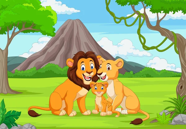 Illustration Vectorielle Lion Famille Cartoon Dans Jungle — Image vectorielle