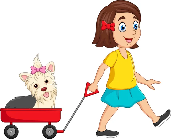 Vektor Ilustrasi Kartun Gadis Kecil Menarik Gerobak Dengan Anak Anjing - Stok Vektor