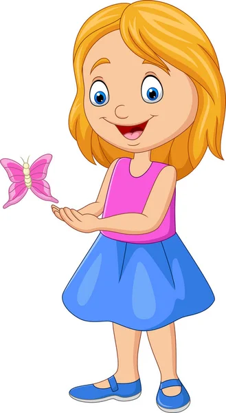 Vektor Illustration Von Cartoon Kleines Mädchen Spielt Mit Schmetterling — Stockvektor