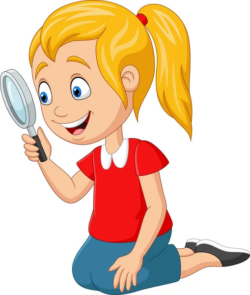 Vector Illustration Cute Girl Using Magnifying Glass — Stock Vector