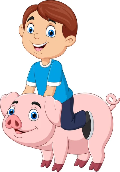Векторна Ілюстрація Мультфільму Щасливий Маленький Хлопчик Верхи Свині — стоковий вектор