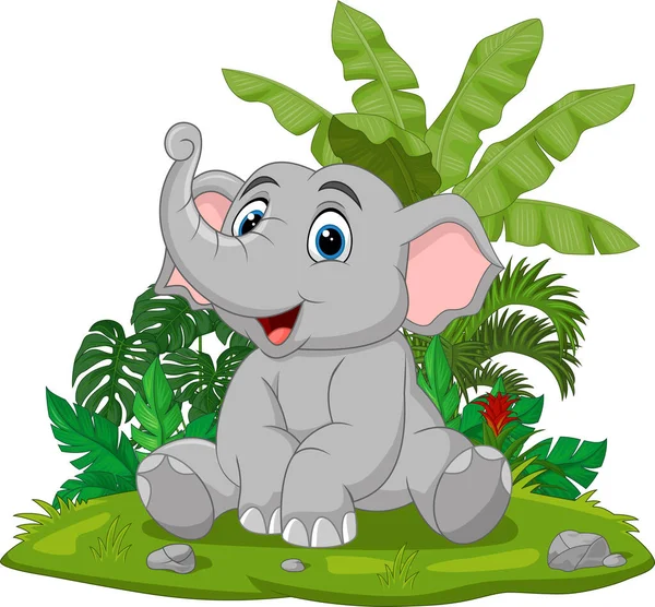 Векторная Иллюстрация Детёныша Слона Мультфильма Сидящего Траве — стоковый вектор
