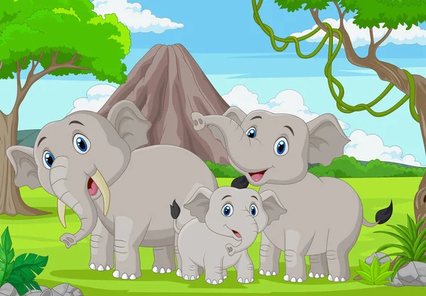 Illustration Vectorielle Famille Des Éléphants Bande Dessinée Dans Jungle — Image vectorielle