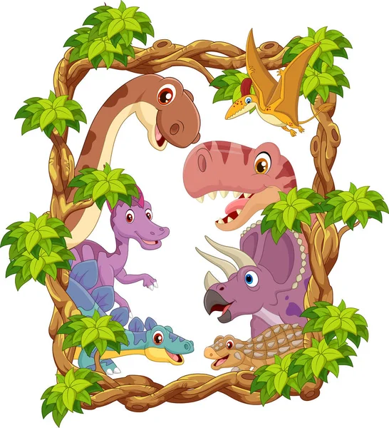 Vektorové Ilustrace Sbírkové Sady Cartoon Happy Dinosaurs — Stockový vektor