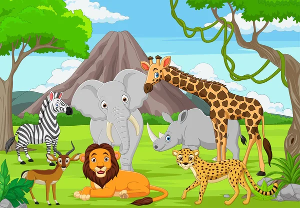 Illustration Vectorielle Animaux Sauvages Bande Dessinée Dans Jungle — Image vectorielle