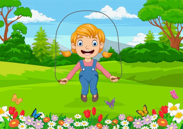 Vector Illustration Cartoon Little Girl Playing Jump Rope Park — Stock Vector