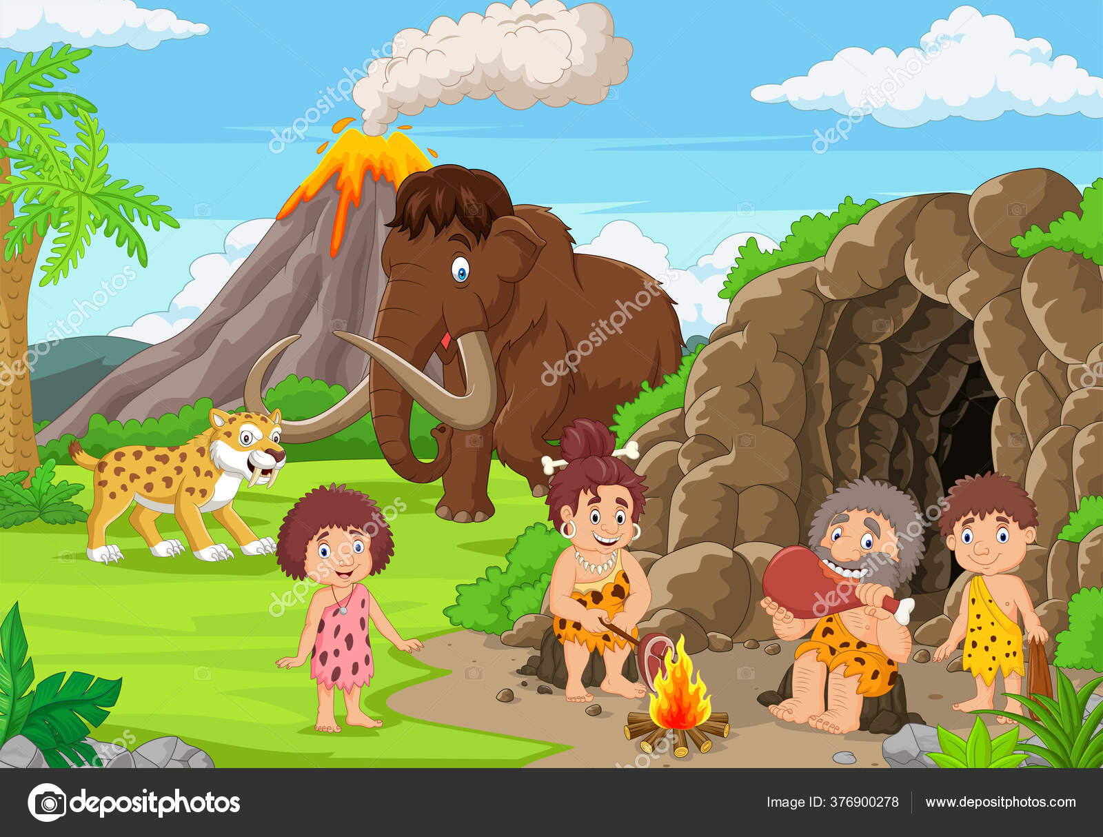 Vector Illustration Cartoon Ancient Cavemen Stone Age Mammoth